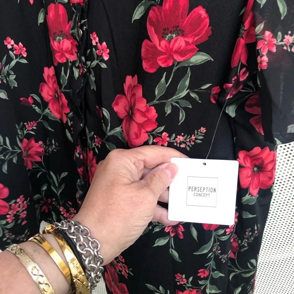 PerSeption Concept Black Blouse with Red Floral Print